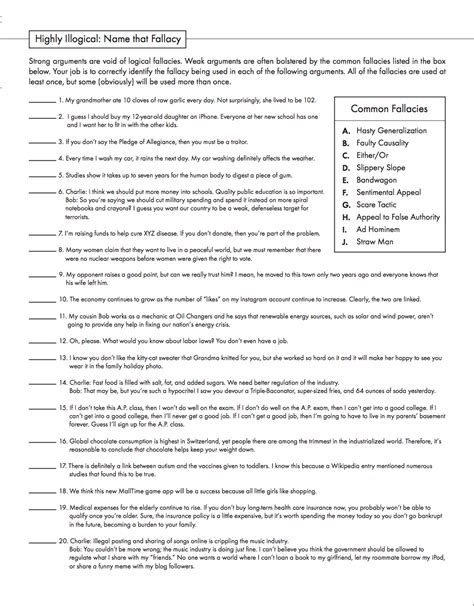 I had spoken to the students previously about logical fallacies as they were to feature prominatly in their second assignment. . Name that logical fallacy worksheet answers